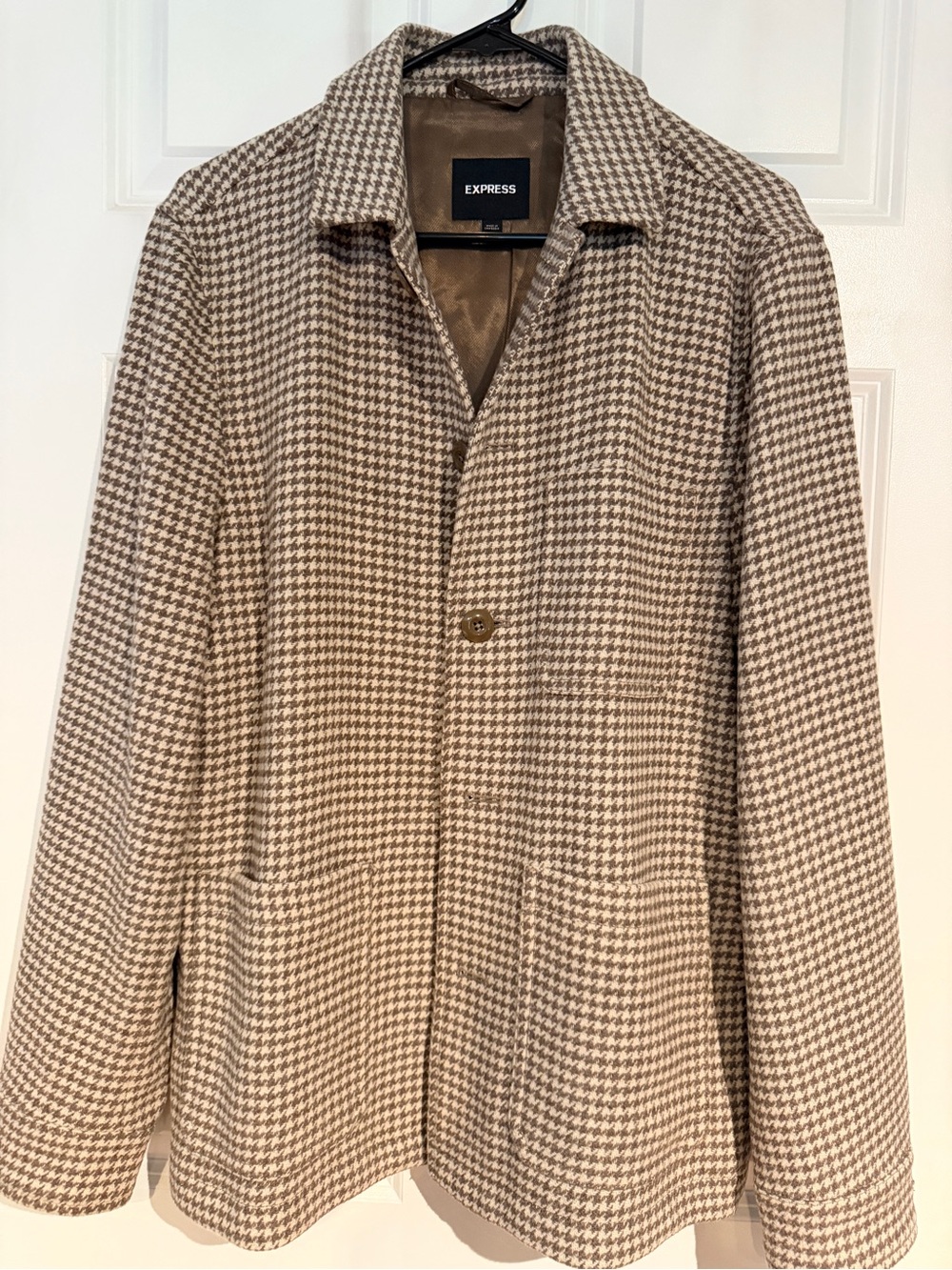 Express Tan and Beige Houndstooth Pea Coat